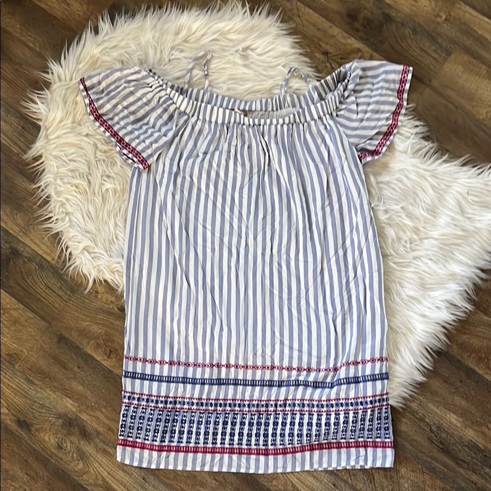 Skies are Blue size small blue and white pin stripe with embroidered dress